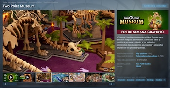 Captura de pantalla de videojuego con museo que exhibe esqueletos de dinosaurios, palmeras, vallas, pequeños personajes y un banner de fin de semana gratuito