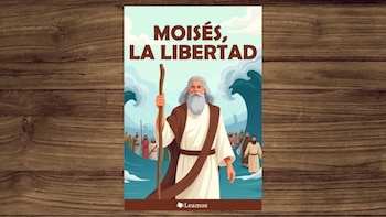 Portada de libro con ilustración de Moisés de pie en medio del mar, sosteniendo un báculo y separando las aguas, con un grupo de personas caminando