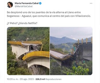 María Fernanda Cabal sobre puente Los Grillos
