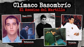 Collage con Clímaco Basombrío: cinco fotos, textos 'Caso 2001', 'Detención', 'Prisión'. Título principal 'El Asesino del Martillo'.