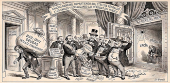 Ilustración en blanco y negro: hombre carga saco "Deudas Rescate Financiero". Hombres en un banco reparten sacos de "Billetes sin Respaldo". Caja fuerte vacía