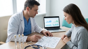 Un médico y una paciente en una mesa. Hay tres tubos de ensayo (Borrelia, Babesia, Bartonella), un estetoscopio, una laptop y una hoja con diagrama de factores de salud.