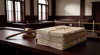 Pila de carpetas atadas con cordel junto a un mazo de madera sobre un escritorio de madera en una sala de tribunal.