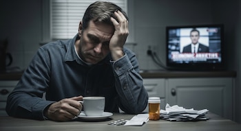 Hombre de mediana edad angustiado con la mano en la cabeza, sentado en una mesa con una taza, pastillas, papeles y una televisión con noticias económicas al fondo.