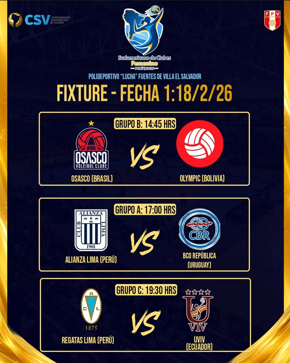 Programación de la fecha 1 del Sudamericano de Clubes de Vóley 2026 (FPV)
