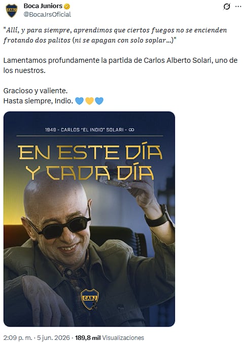 Boca Juniors despidió al Indio Solari, quien falleció a los 77 años
