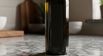 Botella de vidrio oscuro de aceite de oliva llena, con una etiqueta negra lisa, sobre una encimera de mármol blanco y gris en una cocina con fondo borroso.