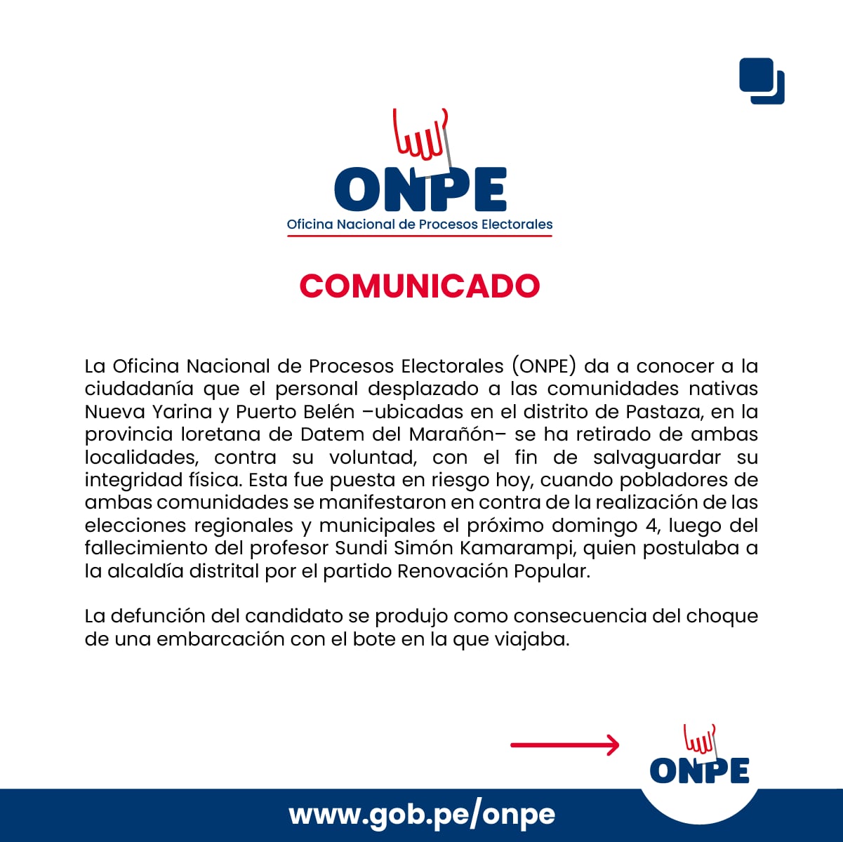 La Oficina Nacional de Procesos Electorales informa sobre el retiro de su personal en dos comunidades de Loreto tras la muerte del candidato Sundi Simón Kamarampi. (ONPE)