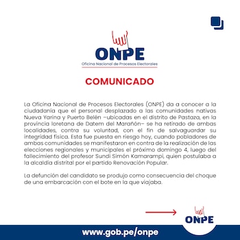 Comunicado de la Oficina Nacional de Procesos Electorales en texto sobre fondo blanco con el logotipo de la institución y un enlace de sitio web