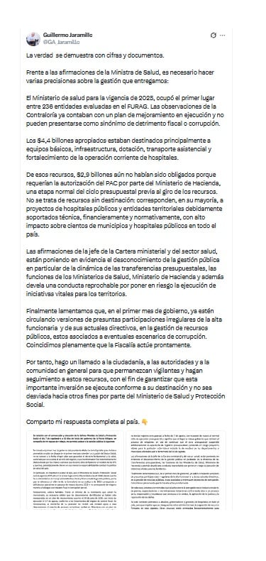 Con este extenso pronunciamiento, el exministro Guillermo Alfonso Jaramillo respondió a su sucesora en la cartera de Salud, Ana María Vesga, frente a las denuncias de corrupción - crédito @GA_Jaramillo/X