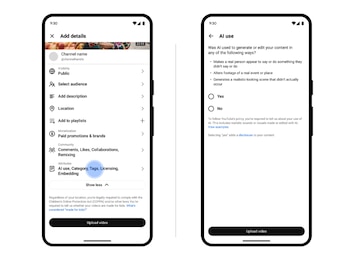 Dos capturas de pantalla de la interfaz de YouTube Studio en un smartphone, mostrando opciones de detalles de video y la sección de divulgación de uso de IA