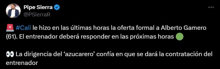 Deportivo Cali se encuentra a un paso de confirmar al técnico Alberto Gamero para el segundo semestre de 2025 - crédito @PSierraR/X