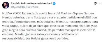 Captura de pantalla de un tuit del Alcalde Zohran Kwame Mamdani que anuncia una watch party para el Juego 4 de los Knicks fuera del Madison Square Garden