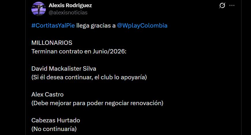 Millonarios evaluaría la opción de tres jugadores que terminan contrato en junio, para saber si los renueva o no - crédito @alexisnoticias/X