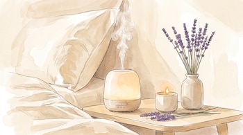 Ilustración de acuarela de una mesita de noche con un difusor de aroma encendido, una vela y un jarrón de lavanda, junto a una cama con almohadas.
