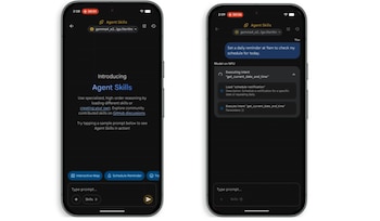 Dos iPhones con pantallas en modo oscuro. La izquierda muestra la presentación de "Agent Skills", y la derecha, un comando de usuario procesado por la aplicación