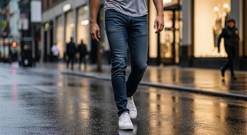 Persona caminando en calle mojada con jeans azules y zapatillas blancas. Edificios y personas borrosas en el fondo.