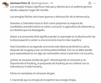 El presidente de la República señaló que la propuesta de la mayoría de los candidatos presidenciales de volver a la economía de hidrocarburos significa arruinar la agricultura de alimentos y la industria - crédito @petrogustavo/X