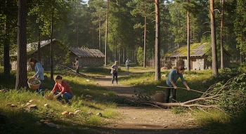 Vista aérea de una comunidad rural en un bosque, con personas recolectando y limpiando senderos cerca de casas de piedra con techos de madera y césped.