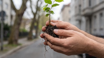 Dos manos de adulto sostienen un plantín joven con hojas verdes, raíces y tierra húmeda. Al fondo se ven edificios y árboles desenfocados.