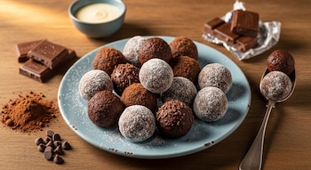 Un plato azul con bolitas de chocolate de diferentes coberturas, como azúcar glas y cacao. Alrededor hay cacao en polvo, chispas de chocolate y barras.