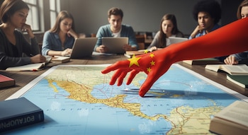 Una mano pintada con la bandera de China se posiciona sobre un mapa de Centroamérica con líneas rojas. Al fondo, estudiantes en una mesa con laptops y libros.