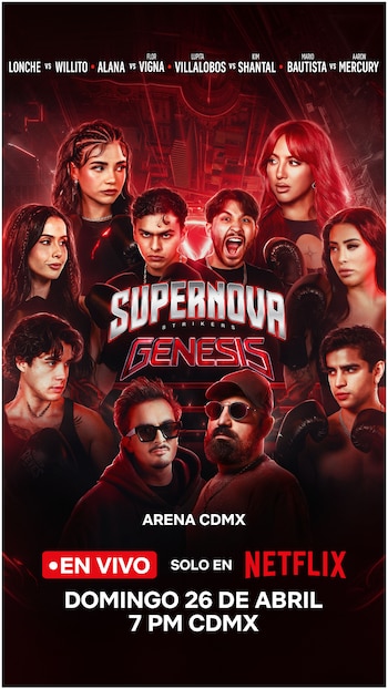 Póster de "Supernova Strikers Genesis" en tonos rojos, mostrando a doce personas, varios jóvenes y algunos con guantes de boxeo. Se anuncia el evento en Netflix