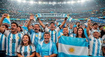 Un grupo de hombres y mujeres, hinchas de la selección argentina, sonríen y levantan los brazos en un estadio. Visten camisetas albicelestes y hay confeti cayendo.