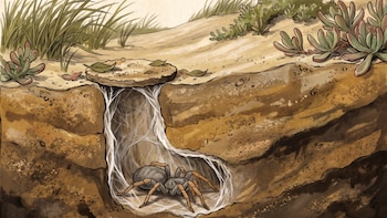 Ilustración en corte transversal de una duna donde una araña reposa en un túnel subterráneo de seda con compuerta circular.