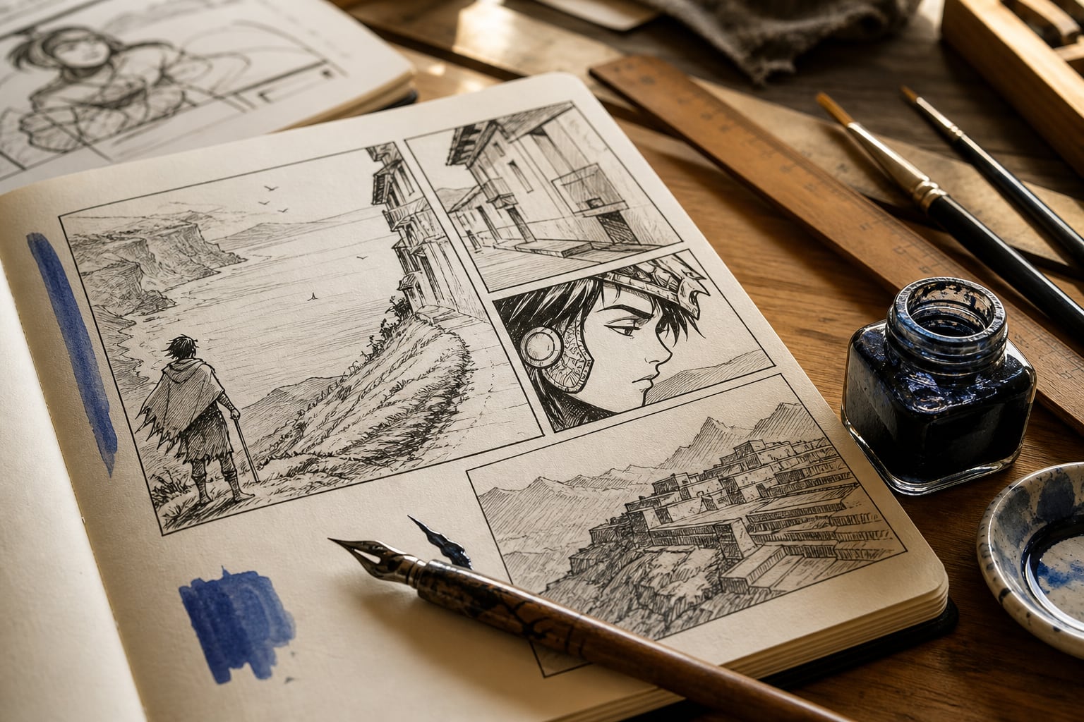 Un cuaderno de bocetos con viñetas trazadas a tinta y utensilios de dibujo representan la creación gráfica por el Día de la Historieta Peruana. (Imagen Ilustrativa Infobae)