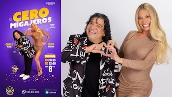 Afiche promocional con texto informativo a la izquierda y fotografía de Carlos Vílchez y Laura Huarcayo formando un corazón con las manos