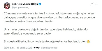 Muñoz compartió el mensaje vía X la mañana del jueves 17 de septiembre de 2026 - crédito @gabymunozz_/X