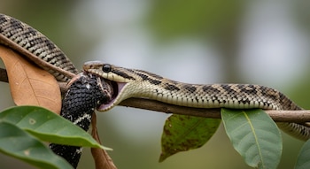 Una serpiente devora una presa negra con marcas blancas sobre una rama de árbol. Se observan hojas verdes y marrones, y un fondo borroso de tonos verdes.