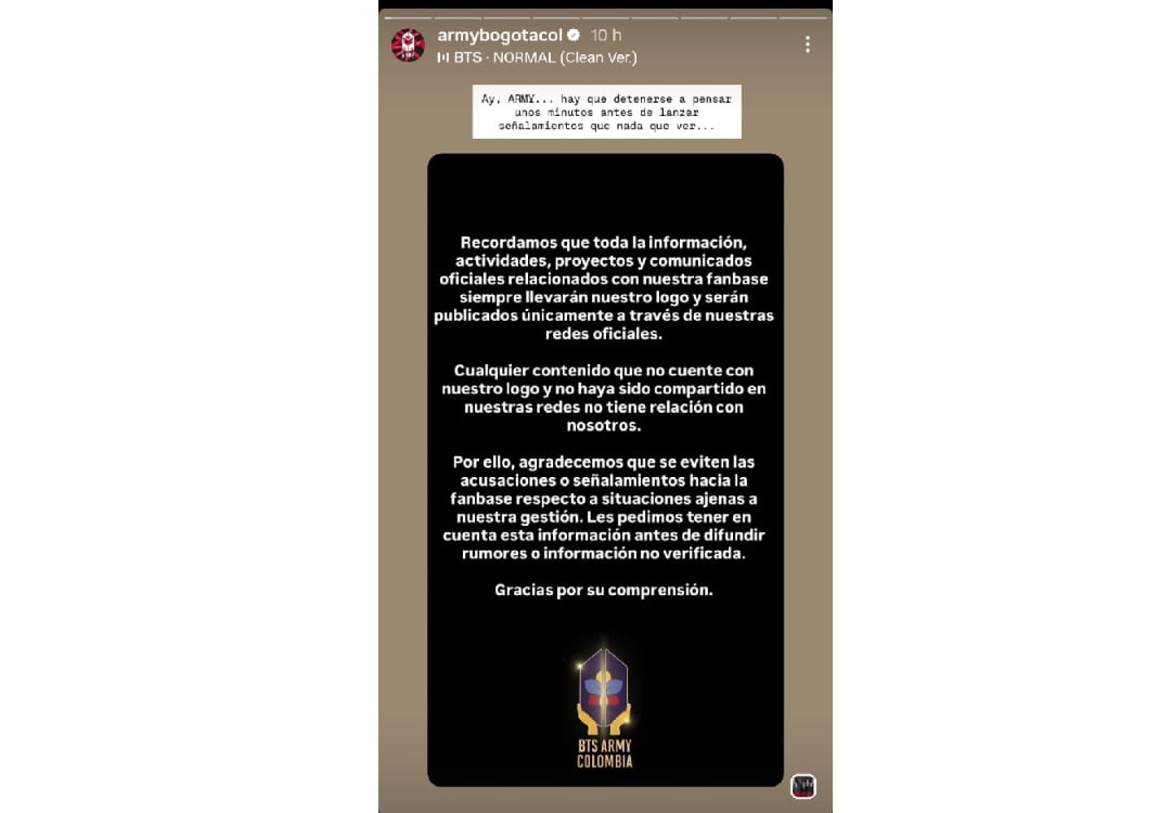 La comunidad Army en Bogotá rechazó el anunció que se registró en un medio de comunicación - crédito @armybogotacol/Instagram