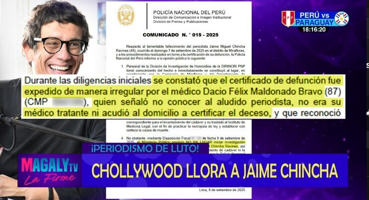Magaly Medina y el hermetismo de la familia de Jaime Chincha: “Se negaron a dar información a la Policía”. Infobae Perú / Captura TV - Magaly Tv La Firme