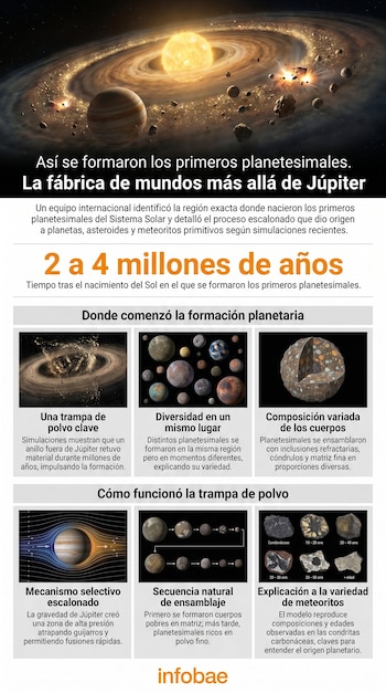 Infografía con una ilustración de un joven sistema solar: el Sol, Júpiter y un disco de polvo estelar con asteroides, junto a diagramas explicativos.
