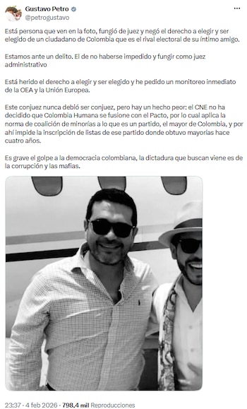 En febrero de 2026, Petro publicó un mensaje en X en el que cuestionó la actuación de Hollman Ibáñez como conjuez del CNE. - crédito @petrogustavo/X