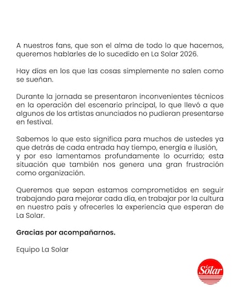 La productora de La Solar señaló que problemas en el montaje del escenario principal fueron los causantes de las demoras en el evento - crédito @breakfast_live/Instagram