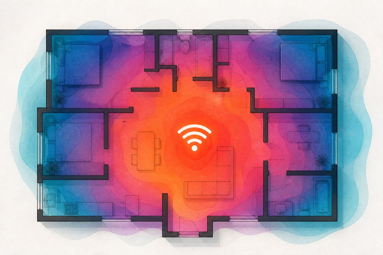 Un mapa térmico sobre el plano de una vivienda ilustra la intensidad de la señal de internet inalámbrica en los diferentes ambientes. (Imagen Ilustrativa Infobae)