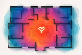 Plano arquitectónico visto desde arriba con un símbolo de WiFi en el centro y colores que van del rojo al azul hacia los extremos.