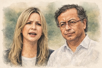 Ilustración de Vicky Dávila con cabello rubio y boca abierta, junto a Gustavo Petro con cabello oscuro y gafas, ambos con expresiones faciales serias.