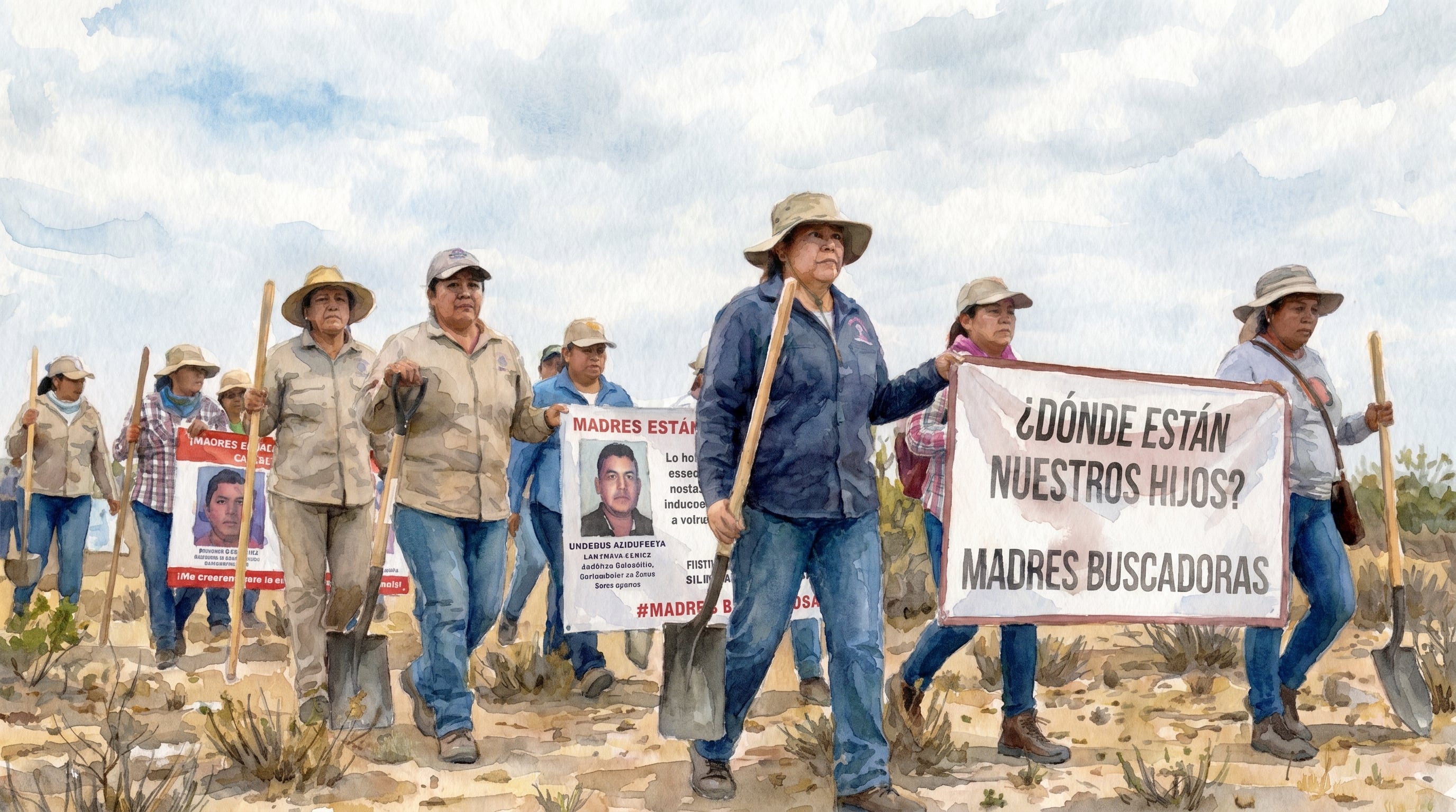 Un grupo de Madres Buscadoras avanza con palas y pancartas bajo el cielo abierto, clamando por el regreso de sus hijos desaparecidos en su incansable labor de búsqueda. (Imagen Ilustrativa Infobae)