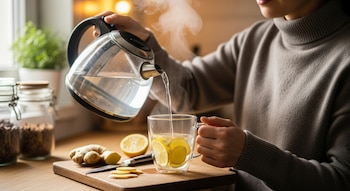 Persona vierte agua caliente de una tetera transparente a una taza con rodajas de jengibre y limón sobre una tabla de madera en una cocina.