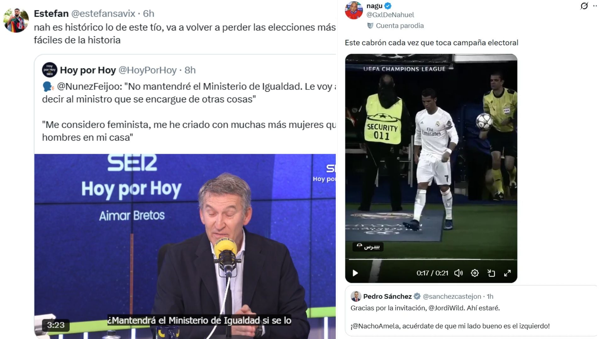 Los memes de las elecciones generales 29-N, de este 23 de octubre: la entrevista de Feijóo sobre Igualdad y Sánchez rumbo a ‘The Wild Project’