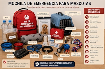 Mochila de emergencia, agua, alimento, platos, manta, correa, arnés, collar, documentación, transportadora, botiquín, medicinas, linterna, silbato, juguetes