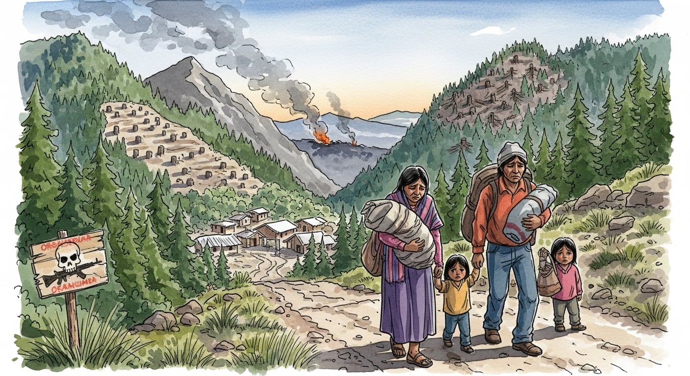 Una familia camina por un camino de tierra mientras abandona su hogar, rodeada de deforestación y focos de incendio (Imagen Ilustrativa Infobae)