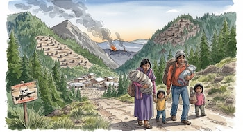 Una familia rarámuri en un camino de tierra mientras abandona su hogar, rodeada de deforestación y focos de incendio en la Sierra Tarahumara de Chihuahua. (Imagen Ilustrativa Infobae)