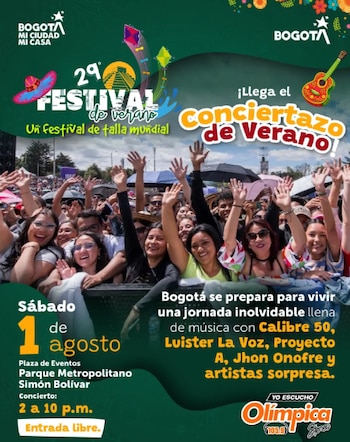 El Conciertazo de Verano se realizará el 1 de agosto en la Plaza de Eventos del Parque Simón Bolívar como parte del 29.º Festival de Verano de Bogotá - crédito Idrd