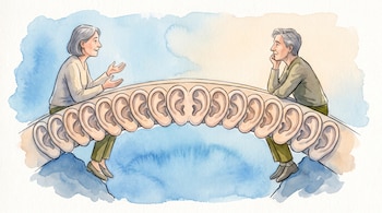 Ilustración de dos personas sentadas a cada lado de un puente de orejas. Una persona gesticula al hablar, la otra escucha atenta con el mentón apoyado.