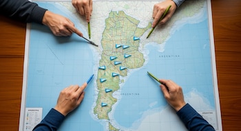 Vista cenital de un mapa de Argentina sobre mesa de madera. Cuatro manos señalan provincias y zonas rurales con marcadores, y banderines celestes y blancos marcan áreas.